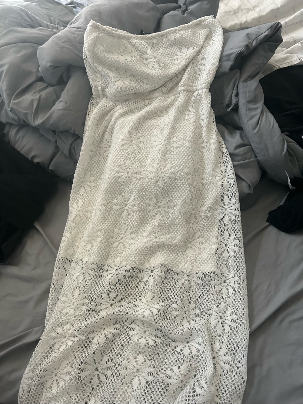 Strapless White Lace Maxi Dress